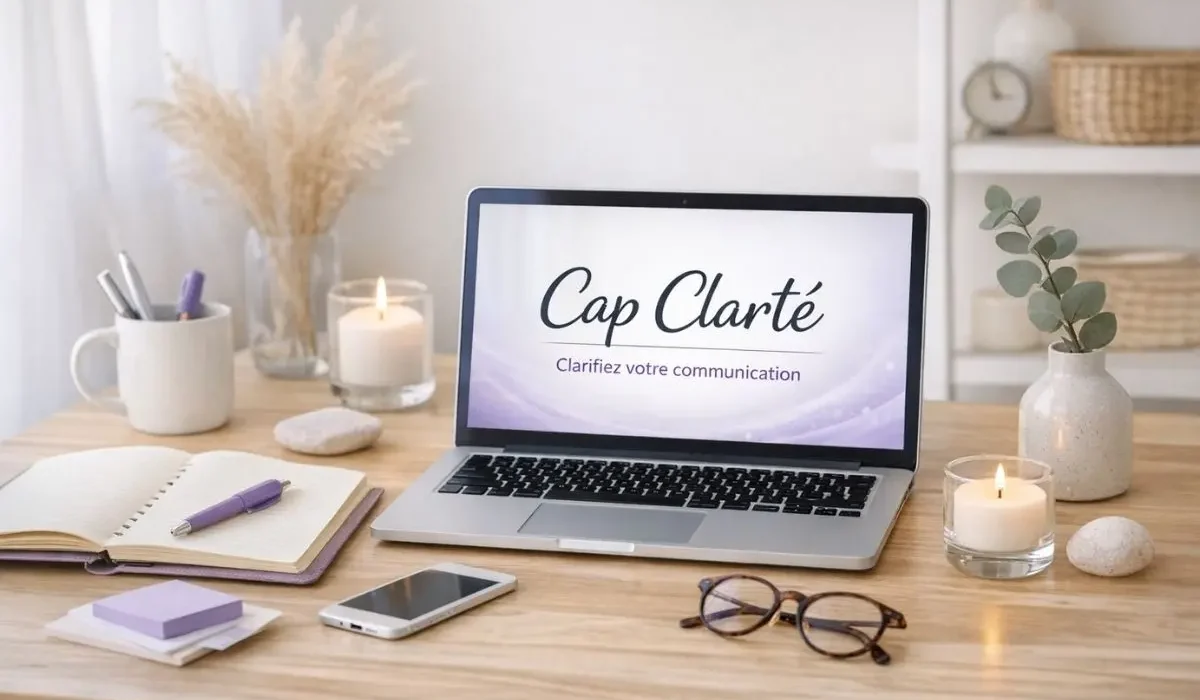 bureau apaisant ordinateur carnet communication digitale entrepreneur clarté