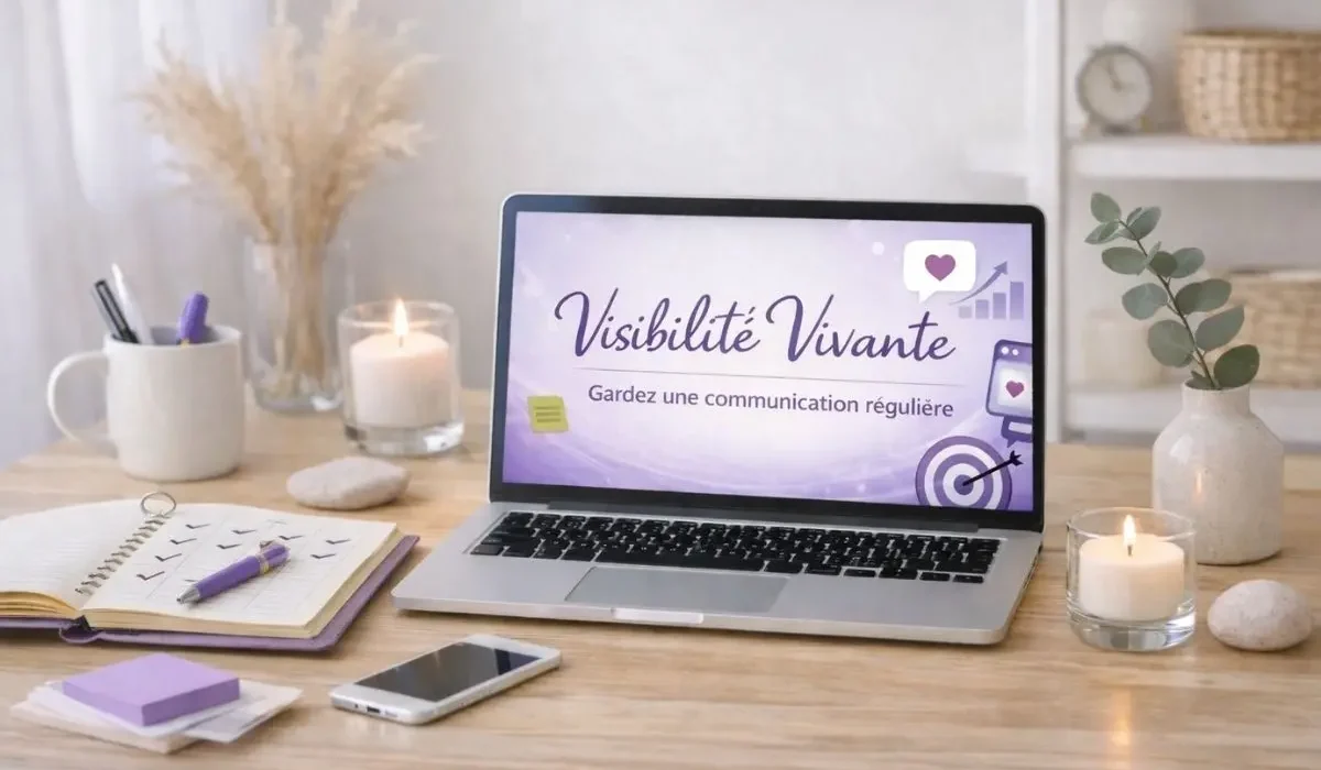 Visibilité Vivante Clarté & Com communication digitale régulière entrepreneur bureau apaisant ordinateur